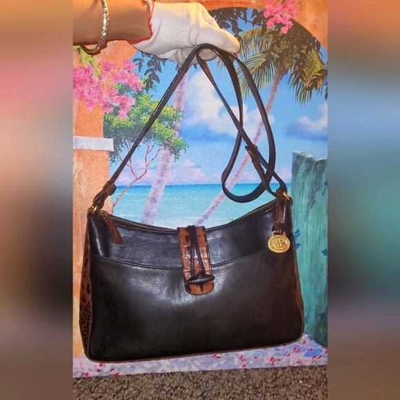 BRAHMIN black & brown leather shoulder bag In Great Condition CROC PATTERN - Picture 1 of 7